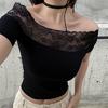Yeni Siyah Vintage Dantelli Omuz Açık Kısa Kollu Crop