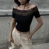 Yeni Siyah Vintage Dantelli Omuz Açık Kısa Kollu Crop