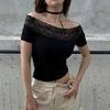 Yeni Siyah Vintage Dantelli Omuz Açık Kısa Kollu Crop