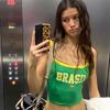 Yeşil Vintage Sarı Şeritli Brasil Askılı Crop