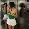 Yeşil Vintage Sarı Şeritli Brasil Askılı Crop